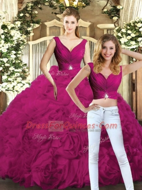 Stunning Floor Length Fuchsia Ball Gown Prom Dress V-neck Sleeveless Backless