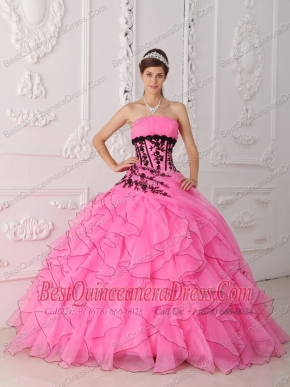 Hot Pink Ball Gown Strapless Floor-length Appliques and Ruffles Quinceanera Dress