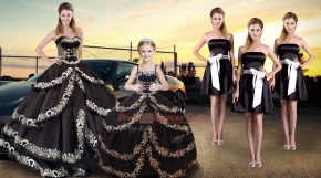 Black Taffeta Lace Up Sweetheart Sleeveless Floor Length Quinceanera Gown Embroidery and Ruffled Layers