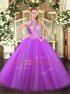Sleeveless Floor Length Sequins Lace Up Ball Gown Prom Dress with Purple