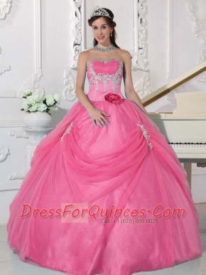 Pink Ball Gown Strapless Pretty Quinceanera Dresses with  Taffeta and Organza Appliques and Hand Made Flower