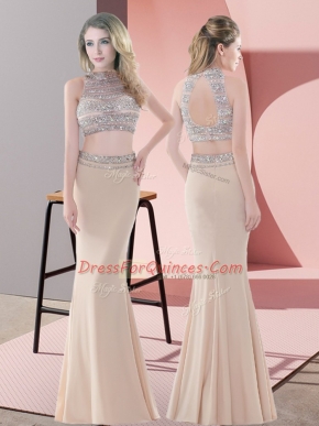 Champagne Two Pieces Beading Homecoming Dress Backless Satin Sleeveless Floor Length