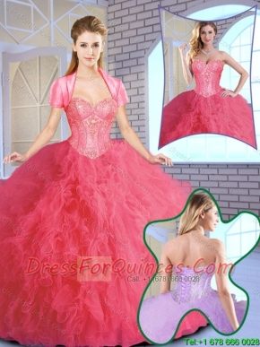 Elegant Ruffles and Sequins Quinceanera Gowns in Coral Red