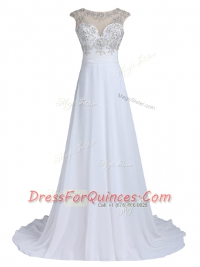 White Scoop Backless Beading Evening Dress Brush Train Sleeveless