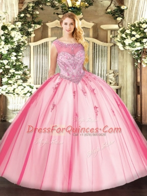 Beading and Appliques 15 Quinceanera Dress Pink Zipper Sleeveless Floor Length