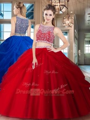 Pretty Beading and Pick Ups 15th Birthday Dress Red Side Zipper Sleeveless Floor Length