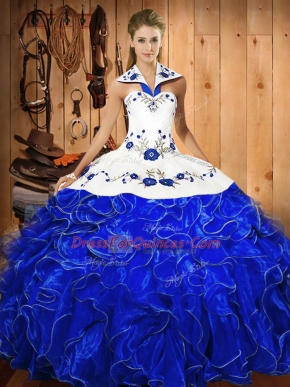 Smart Blue And White Halter Top Lace Up Embroidery and Ruffles Vestidos de Quinceanera Sleeveless