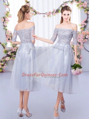 Fitting Off The Shoulder Half Sleeves Zipper Damas Dress Grey Tulle