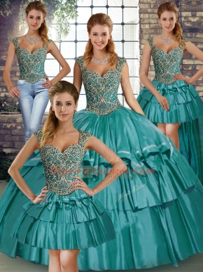 Perfect Floor Length Lace Up Quinceanera Gowns Teal for Military Ball and Sweet 16 and Quinceanera with Beading and Ruffled Layers