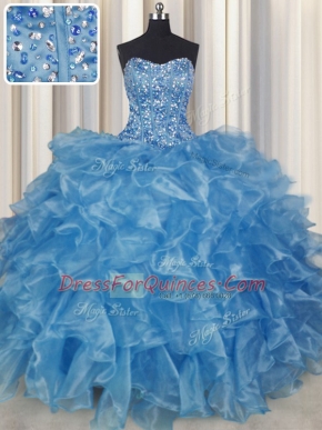 Gorgeous Visible Boning Baby Blue Sleeveless Beading and Ruffles Floor Length Sweet 16 Dress