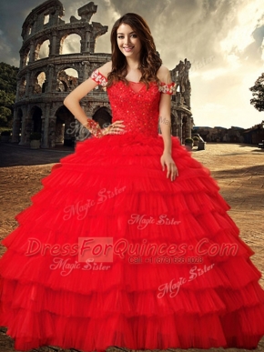 Red Off The Shoulder Neckline Beading and Ruffled Layers Sweet 16 Dresses Sleeveless Lace Up
