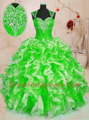 Organza Lace Up Sweetheart Sleeveless Floor Length Sweet 16 Dresses Beading and Ruffles