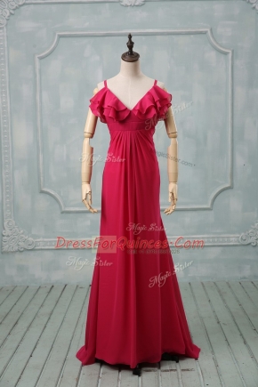 Amazing Brush Train Empire Dress for Prom Hot Pink Straps Chiffon Sleeveless Zipper