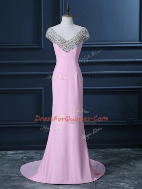 Trendy Pink Cap Sleeves Court Train Beading Homecoming Dress