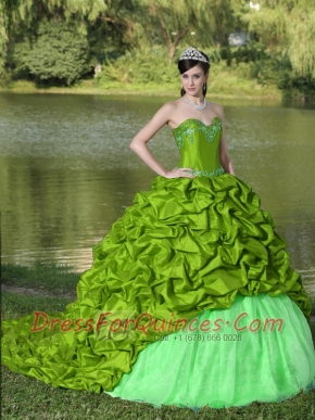 New Styles With Appliques and Pick-ups In Spring Green Brush Train For 2013 Quinceanera Dress