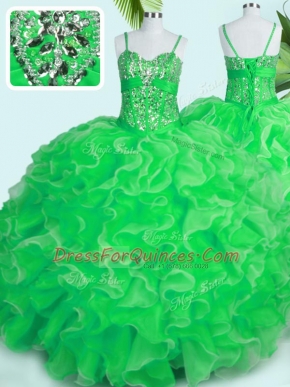 Green Ball Gowns Beading and Ruffles Quinceanera Dresses Lace Up Organza Sleeveless Floor Length