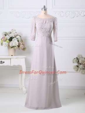 Pink Zipper Scoop Beading and Embroidery Prom Party Dress Chiffon 3 4 Length Sleeve