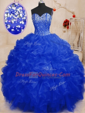 On Sale Royal Blue Lace Up Sweetheart Beading and Ruffles Ball Gown Prom Dress Organza Sleeveless