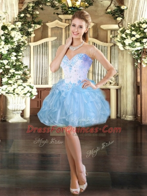 Mini Length Light Blue Organza Sleeveless Beading and Ruffles