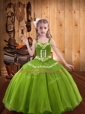 Fancy Olive Green Sleeveless Embroidery Floor Length Girls Pageant Dresses