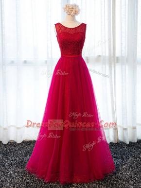Fuchsia Sleeveless Floor Length Beading and Belt Lace Up Evening Dress
