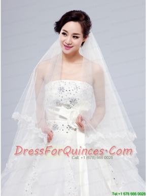 2014 Simple Four-Tier Bridal Veils with Lace Appliques Edge