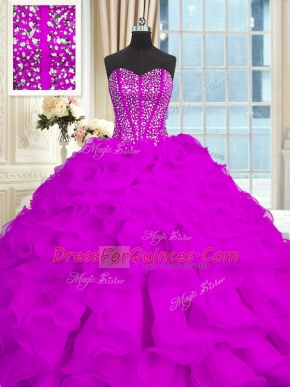 With Train Purple Ball Gown Prom Dress Organza Brush Train Sleeveless Beading and Ruffles