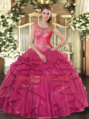 Hot Pink Scoop Lace Up Beading and Ruffles 15th Birthday Dress Sleeveless