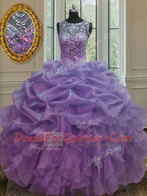 Scoop Organza Sleeveless Floor Length Vestidos de Quinceanera and Beading and Ruffles and Pick Ups