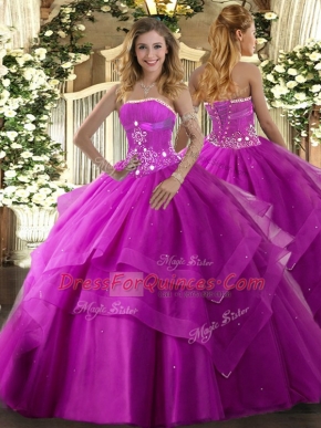 High Class Ball Gowns Quinceanera Dress Fuchsia Strapless Tulle Sleeveless Floor Length Lace Up