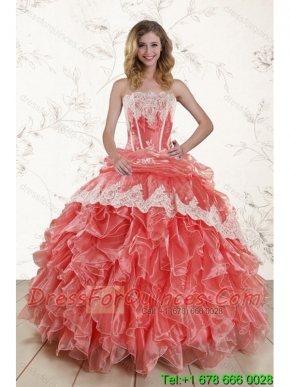 2015 Watermelon Strapless Quince Dresses with Appliques and Ruffles