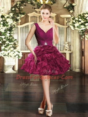 Burgundy V-neck Backless Beading and Ruffles Sleeveless