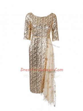 Gorgeous Half Sleeves Knee Length Belt Zipper Evening Dress with Gold