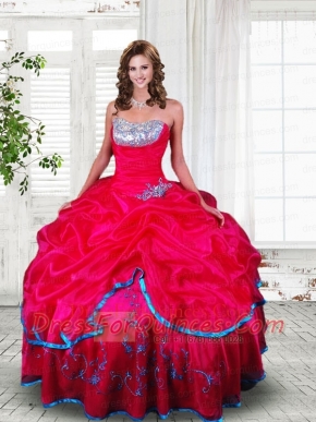 2014 Affordable Strapless Coral Red Quinceanera Dresses with Beading and Appliques