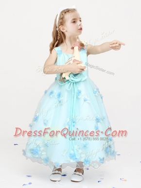 Flare A-line Flower Girl Dresses for Less Light Blue Straps Organza Sleeveless Ankle Length Zipper