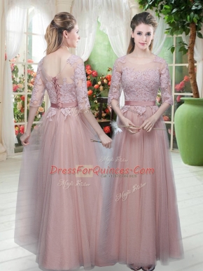 New Arrival Pink Empire Scoop Half Sleeves Tulle Floor Length Lace Up Lace Prom Dresses