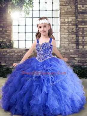 Trendy Blue Sleeveless Floor Length Beading and Ruffles Lace Up Pageant Gowns For Girls