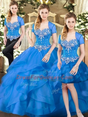 Floor Length Blue Quinceanera Dresses Tulle Sleeveless Beading and Ruffles