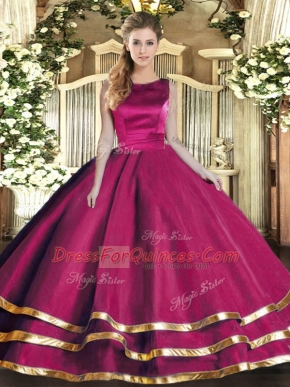 Fitting Fuchsia Tulle Lace Up Quinceanera Gowns Sleeveless Floor Length Ruffled Layers