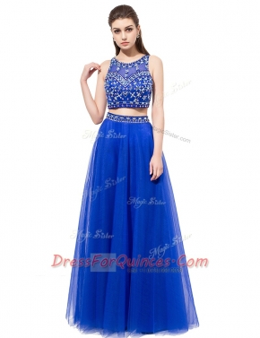 Scoop Royal Blue Tulle Lace Up Prom Dress Sleeveless Floor Length Beading