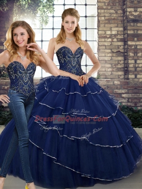 Clearance Navy Blue Lace Up Sweetheart Beading and Ruffled Layers 15th Birthday Dress Tulle Sleeveless Brush Train