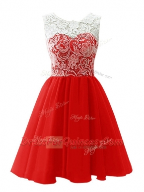 A-line Prom Evening Gown Red Scoop Chiffon Sleeveless Mini Length Clasp Handle