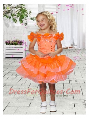 Beautiful Ball Gown Off the Shoulder Mini-length Beading Bowknot Orange Little Girl Dress