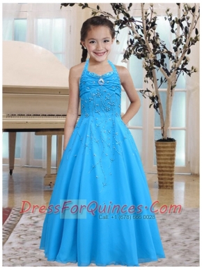 Aqua Blue Halter Cheap Little Gril Pageant Dress with Beades Decorate