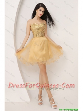Luxurious A Line Gold Sweetheart Prom Gowns with Lace Up