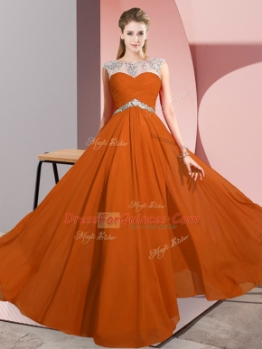 Rust Red Chiffon Clasp Handle Scoop Sleeveless Floor Length Prom Party Dress Beading