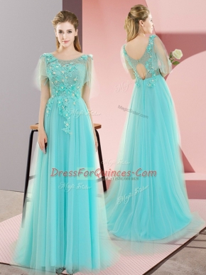 High End Aqua Blue Tulle Backless Dress for Prom Sleeveless Sweep Train Appliques