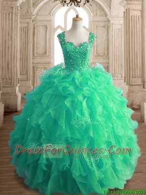 Affordable Beaded and Ruffled Straps Quinceanera Dress in Spring Green