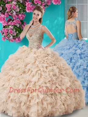 Gorgeous See Through Beaded Scoop Quinceanera Gown in Champagne