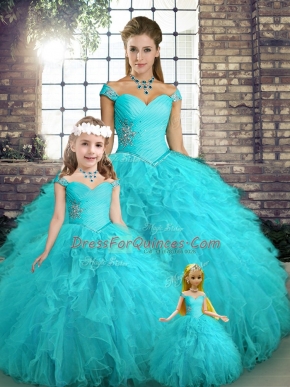 Aqua Blue Sweet 16 Dresses Military Ball and Sweet 16 and Quinceanera with Beading and Ruffles Off The Shoulder Sleeveless Lace Up